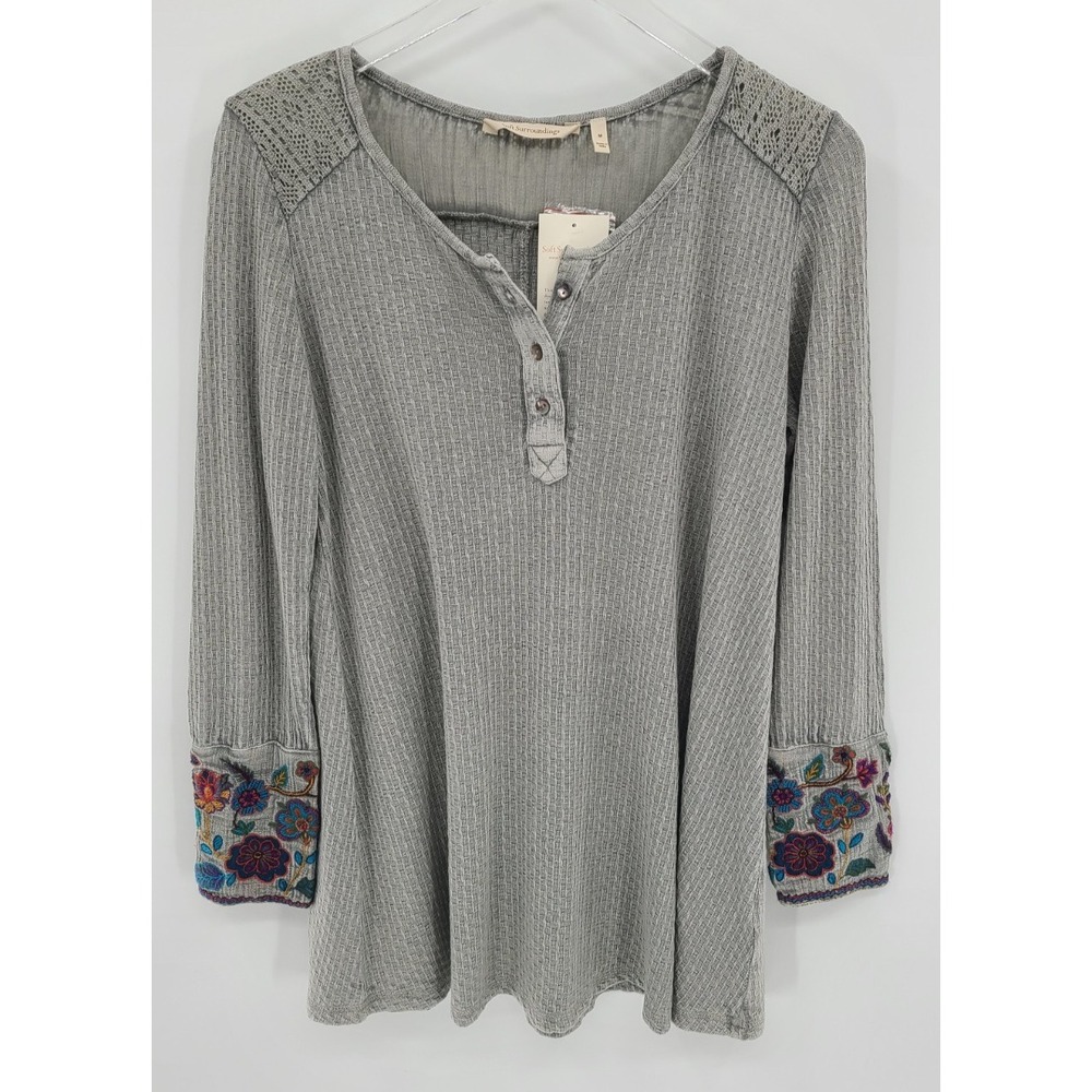 Soft Surroundings‎ Embroidered Linen Henley Shirt Medium Waffle Knit Lyocell NEW
